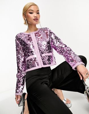 Silky collarless three piece embellished skirt suit