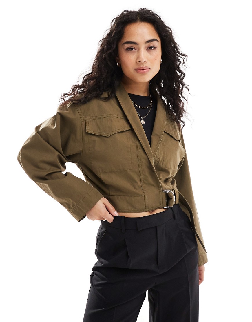& Other Stories shawl collar jacket with tab waist detail and elasticated back waist in khaki green