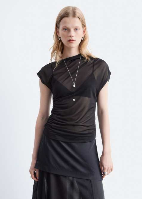 & Other Stories sheer asymetric ruched one shoulder top in black - view 1