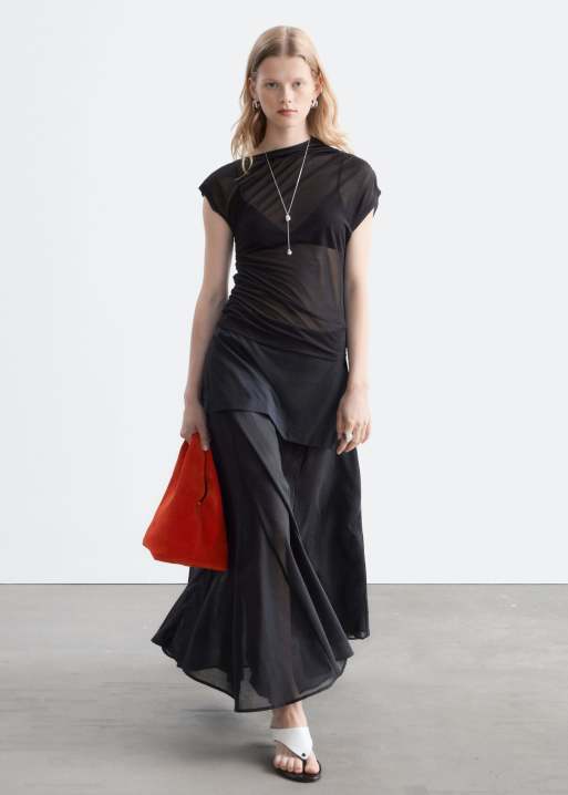 & Other Stories sheer asymmetric ruched one shoulder top in black, 3 of 5