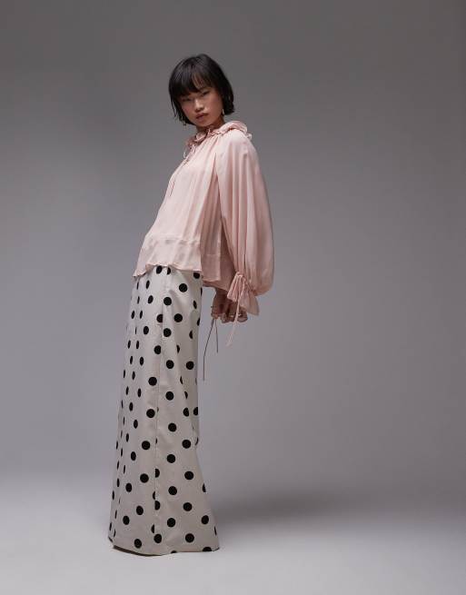 & Other Stories sheer blouse with ruffled neckline and volume sleeves in light pink