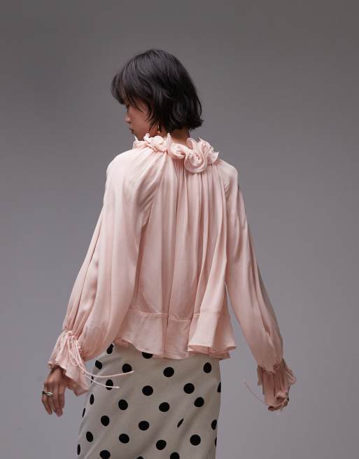 & Other Stories sheer blouse with ruffled neckline and volume sleeves in light pink