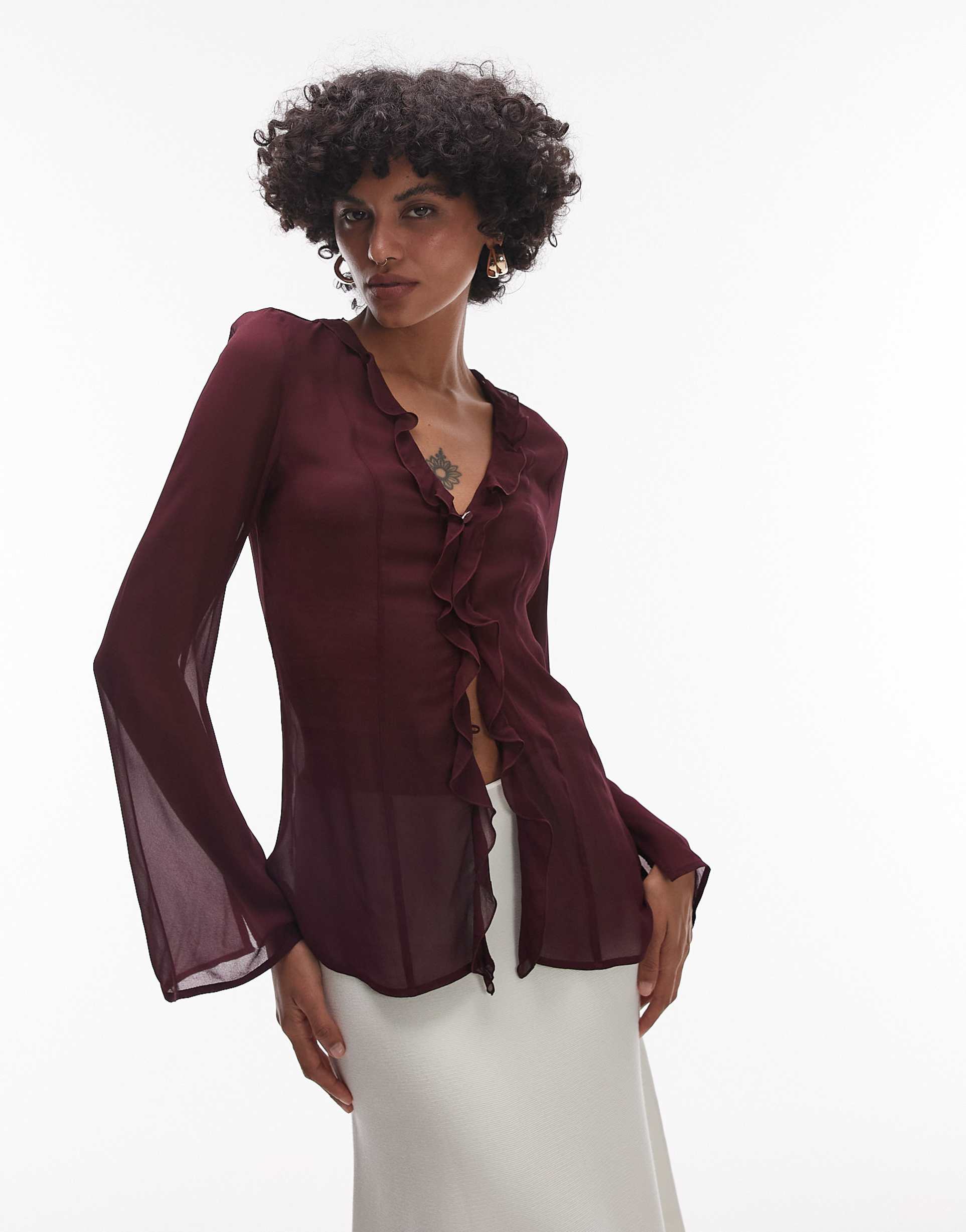 & other stories sheer chiffon blouse with ruffle tie front in burgundy