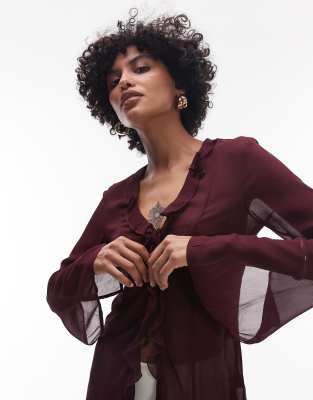 & Other Stories Sheer Chiffon Blouse With Ruffle Tie Front N Burgundy-red In Red