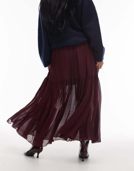 & Other Stories sheer chiffon maxi skirt with volume hem in burgundy, 4 of 5