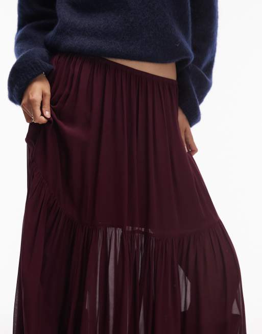 & Other Stories sheer chiffon maxi skirt with volume hem in burgundy, 5 of 5