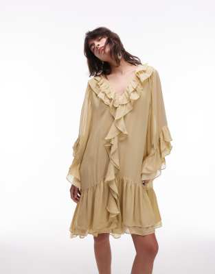 & Other Stories Sheer Chiffon Mini Dress With Ruffles And Tiered Hem In Neutral