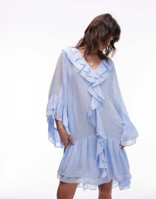 & Other Stories Sheer Chiffon Mini Dress With Ruffles And Tiered Hem In Blue