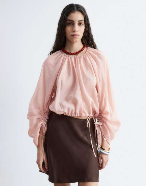 & Other Stories sheer cropped blouse with drawstring sleeves and waist in dusky pink - view 1