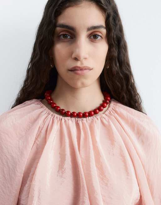 & Other Stories sheer cropped blouse with drawstring sleeves and waist in dusky pink, 3 of 4