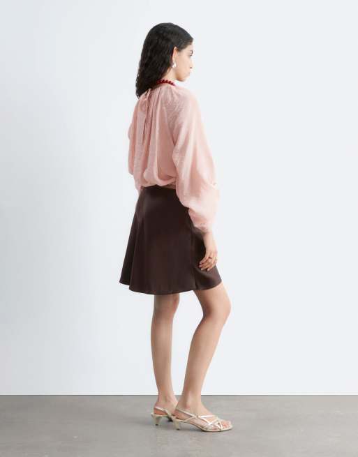 & Other Stories sheer cropped blouse with drawstring sleeves and waist in dusky pink, 4 of 4