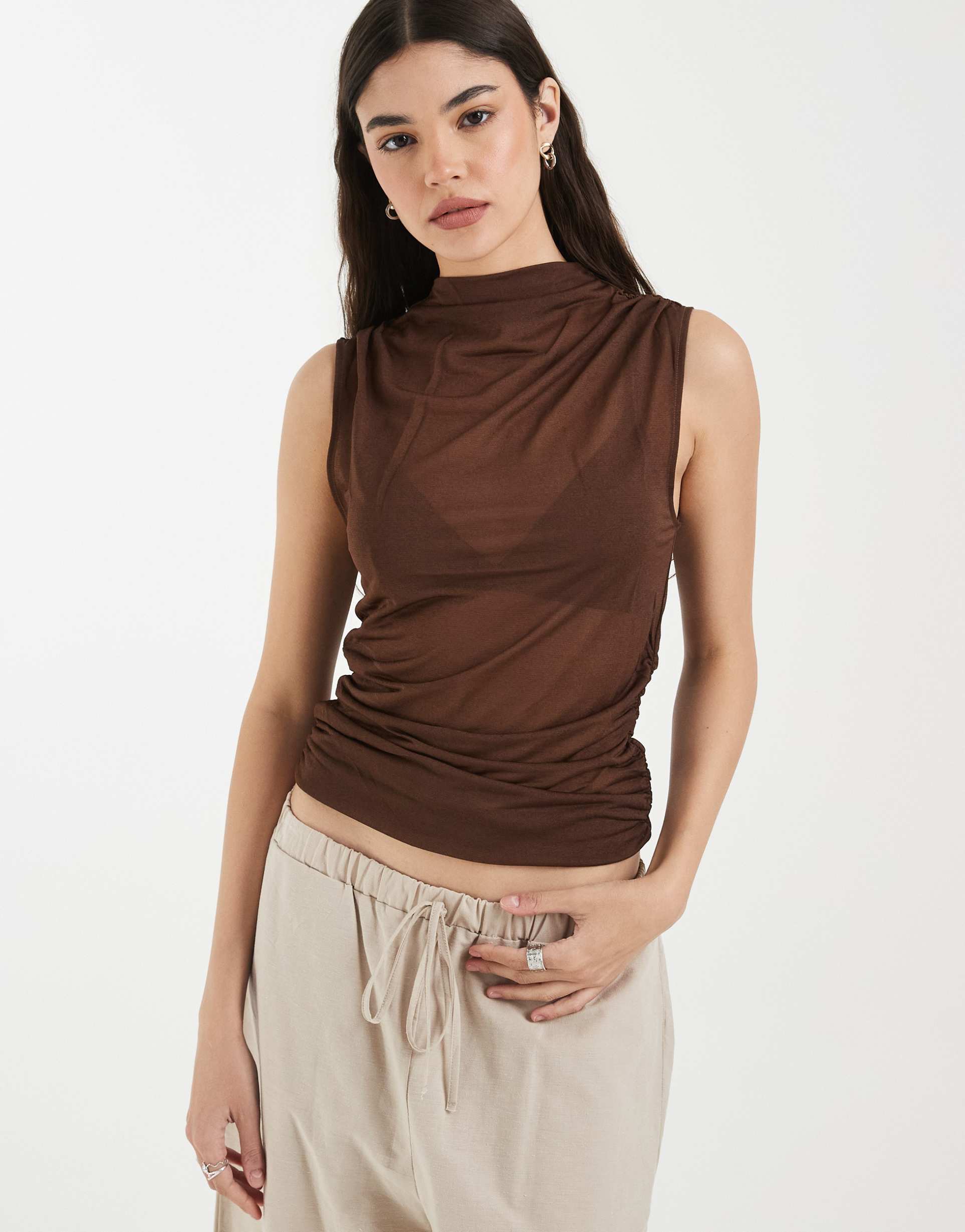 & other stories sheer draped sleeveless top in brown