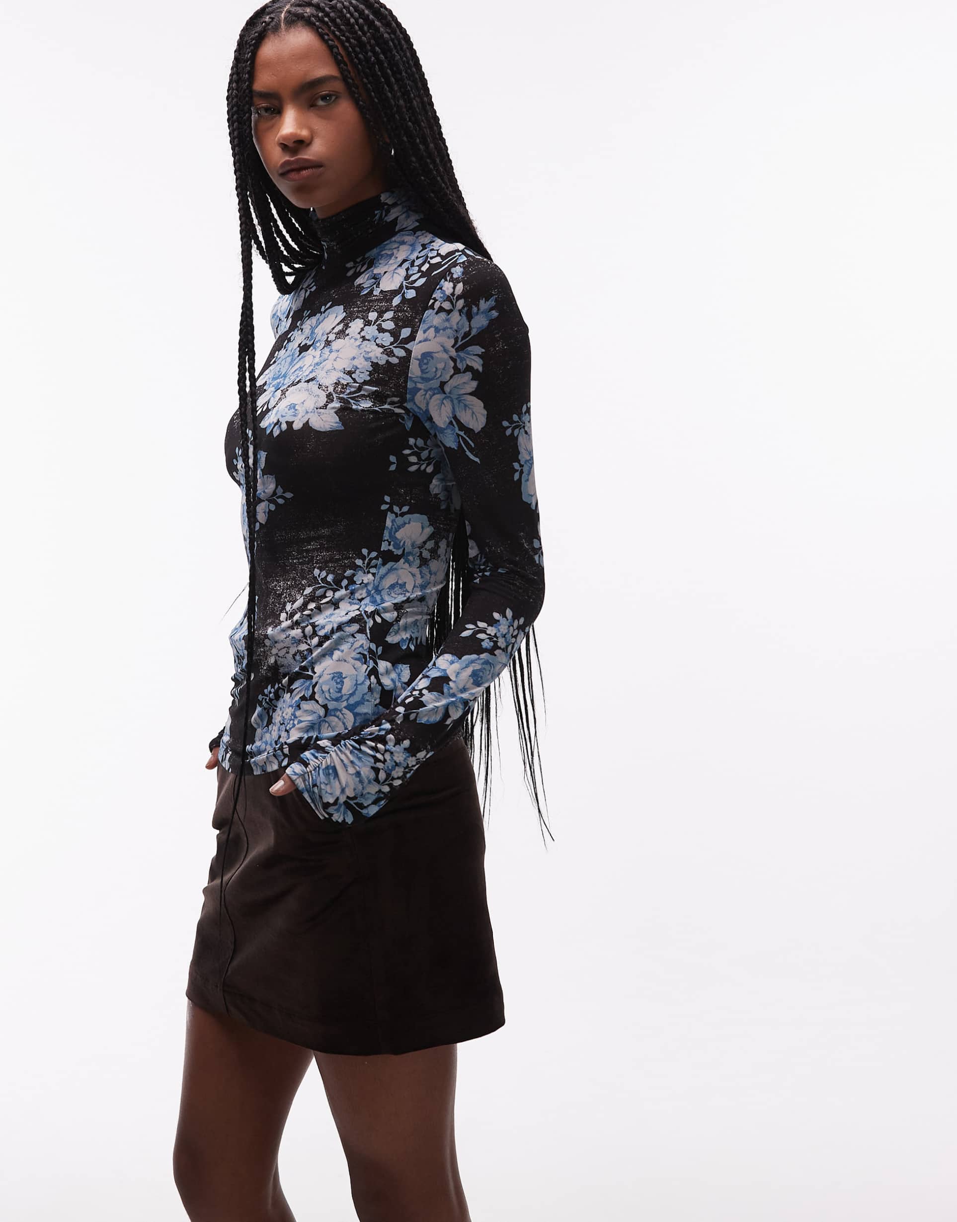 & other stories sheer floral printed high neck top in black