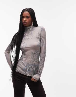& Other Stories Sheer Floral Printed High Neck Top In Gray