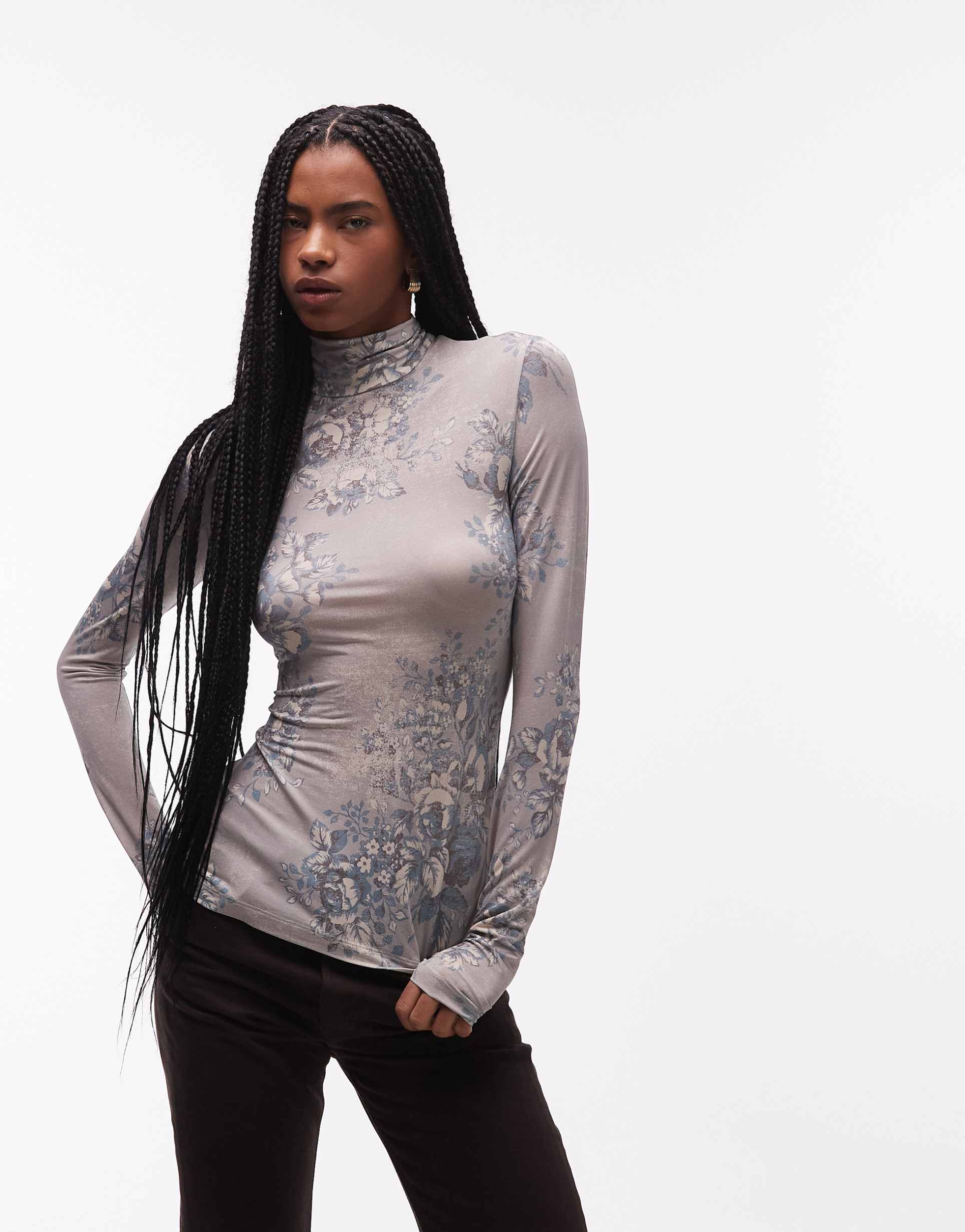 & other stories sheer floral printed high neck top in gray