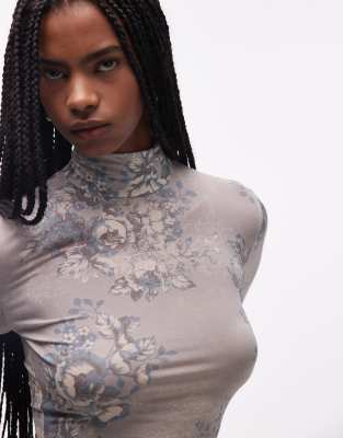 & Other Stories Sheer Floral Printed High Neck Top In Gray