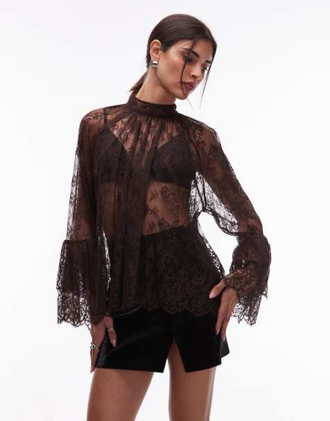 & Other Stories sheer lace blouse with tiered ruffle sleeves in brown - view 1