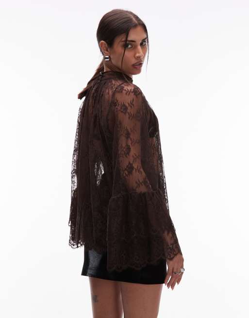 & Other Stories sheer lace blouse with tiered ruffle sleeves in brown