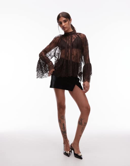 & Other Stories sheer lace blouse with tiered ruffle sleeves in brown