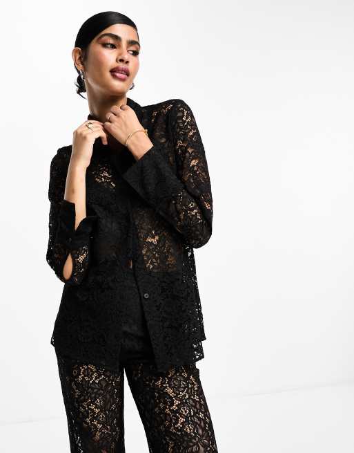 Black Sheer Lace Fitted Shirt, Co-Ords