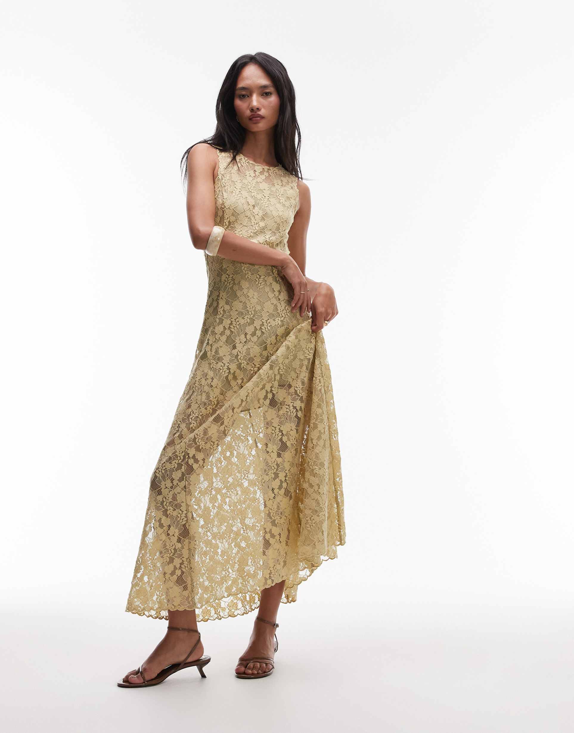 & other stories sheer lace maxi dress in antique pale olive with mini under slip