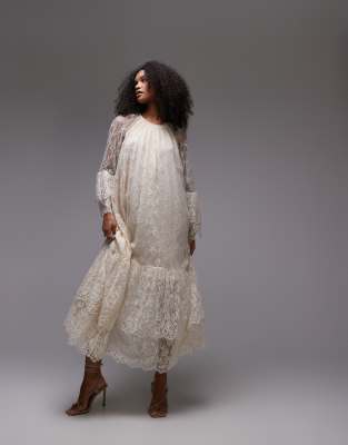 & Other Stories sheer lace maxi dress with ruffles and tiered volume hem in cream-White