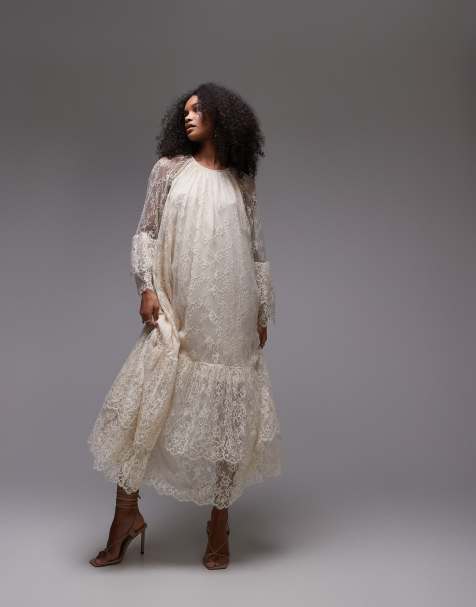 & Other Stories sheer lace maxi dress with ruffles and tiered volume hem in cream - view 1