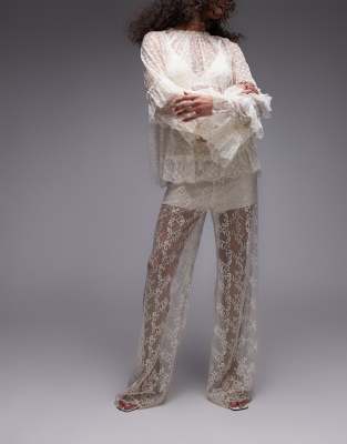 & Other Stories sheer lace pants with scalloped hem and fitted micro shorts in off white