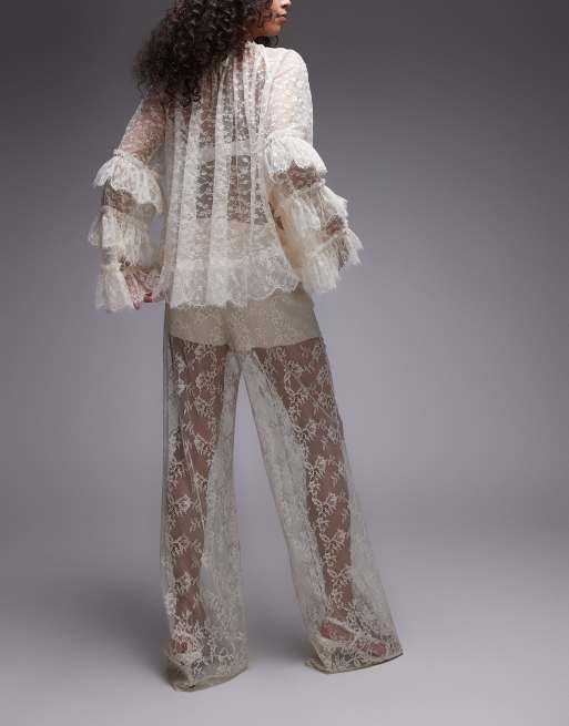 & Other Stories sheer lace pants with scalloped hem and fitted micro shorts in off white