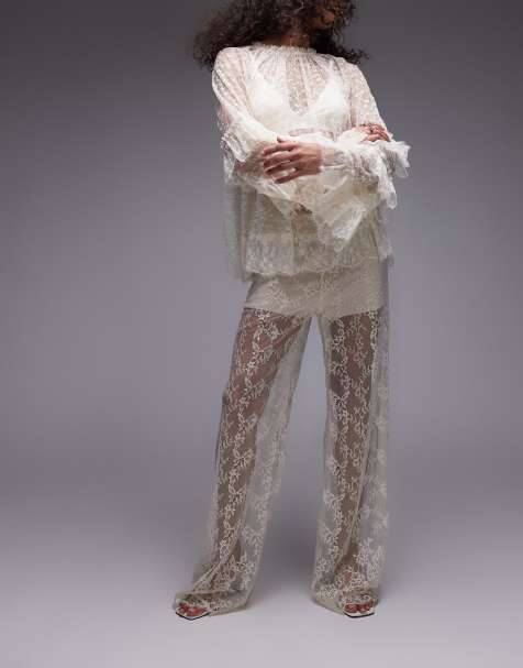 & Other Stories sheer lace trousers with scallop hem and fitted hotpants in off white - view 1