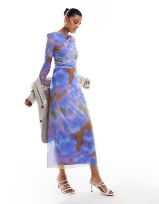 & Other Stories sheer mesh midi dress in blurred abstract print-Blue