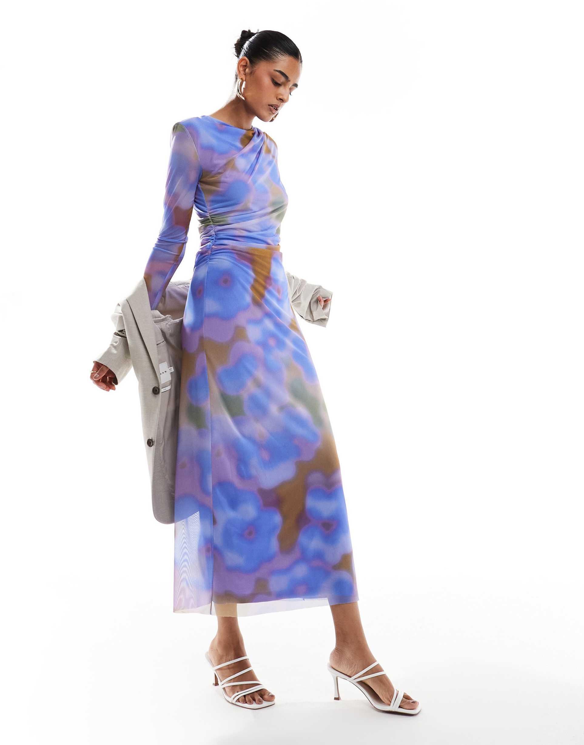 & other stories sheer mesh midi dress in blurred abstract print