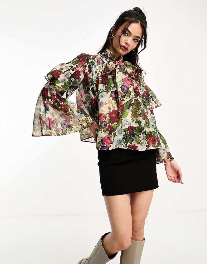 & Other Stories sheer ruffle v neck tie blouse with bell sleeves in vintage floral print-Multi