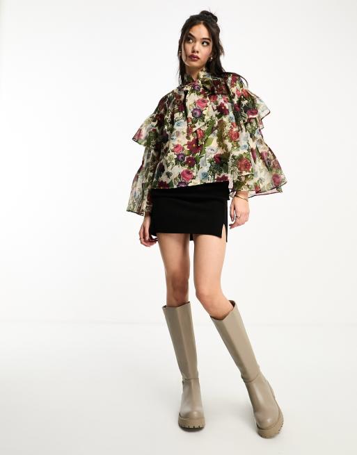 Bebonnie Women's Floral Mesh Bell Sleeve Blouse – V-Neck Flowy Tunic Top For Work & Casual