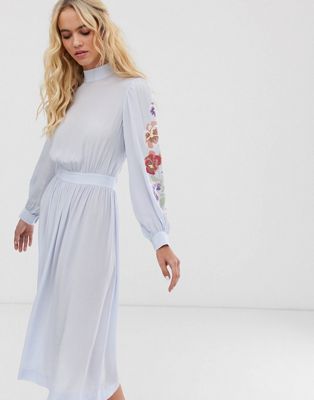 & Other Stories sheer sleeves floral embroidered midi dress in light blue | ASOS