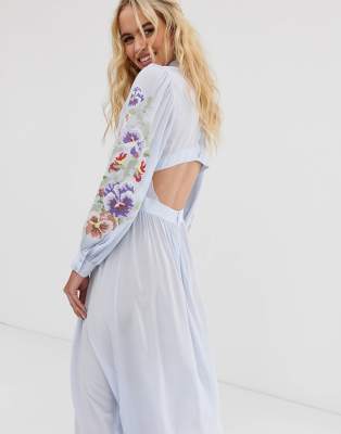 blue embroidered midi dress