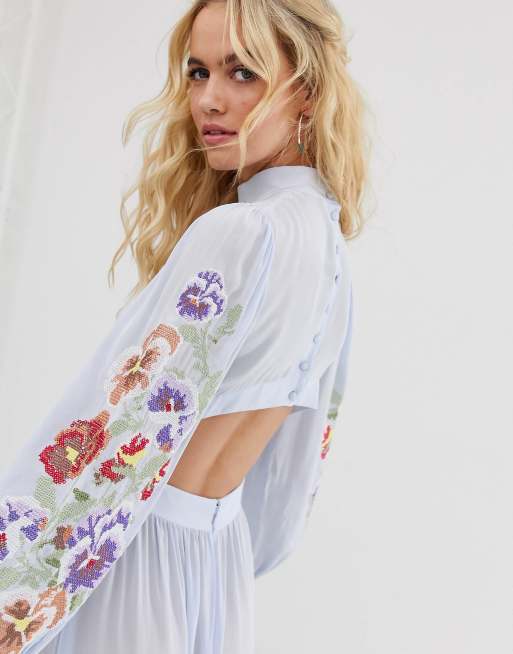 Sheer floral embroidered midi hot sale dress