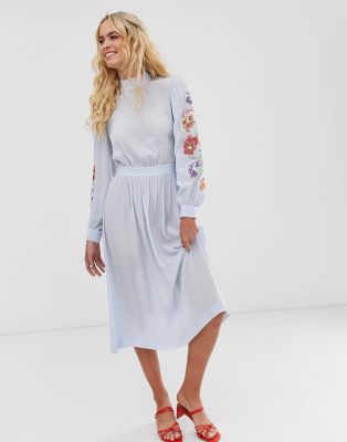 blue embroidered midi dress