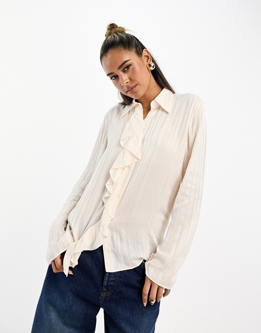 & Other Stories sheer stripe shirt with ruffle front in white