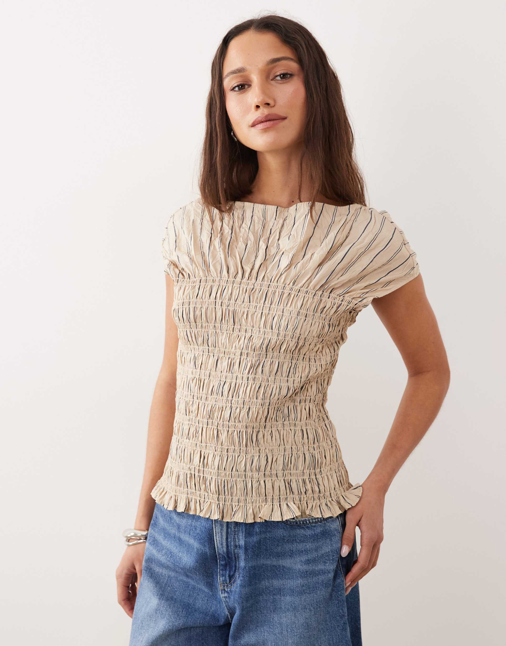 & other stories sheered top in beige stripe