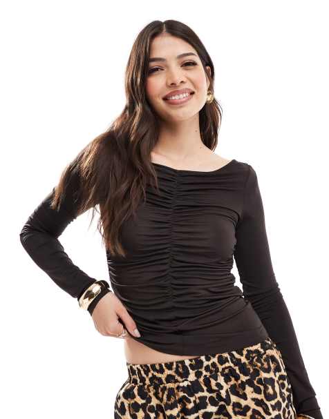 & Other Stories shimmer jersey rib long sleeve top with sweetheart neck and ruche front in dark brown - view 1