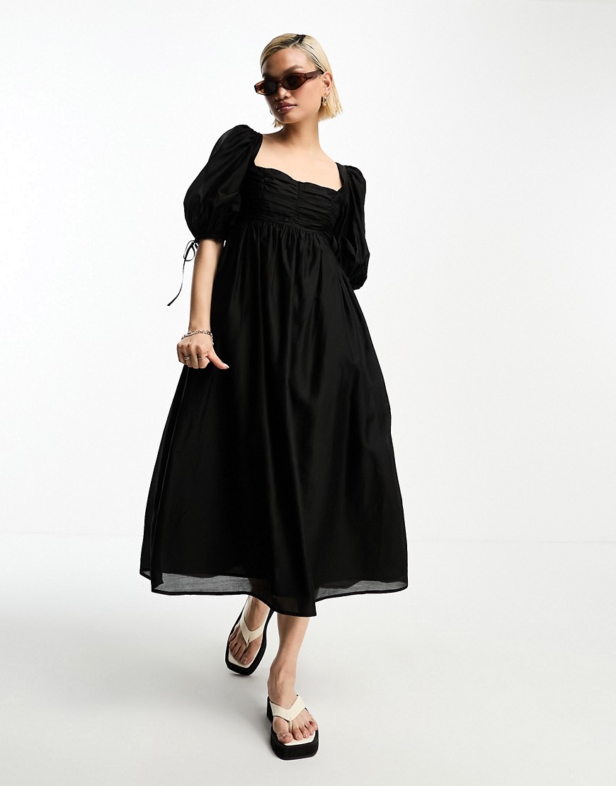 & Other Stories shirred bust volume sleeve midi dress in black-Pink