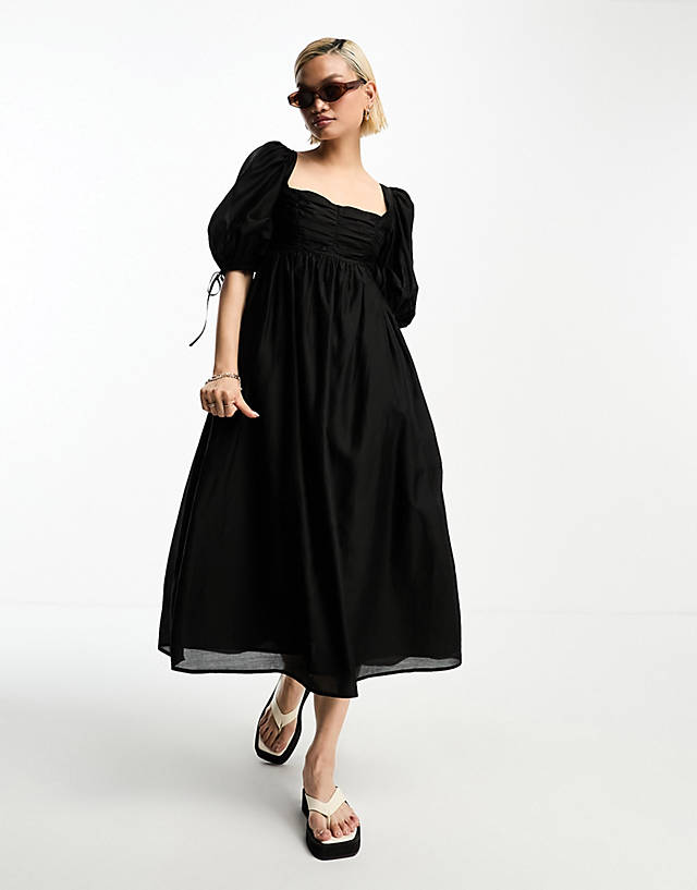 & Other Stories - shirred bust volume sleeve midi dress in black