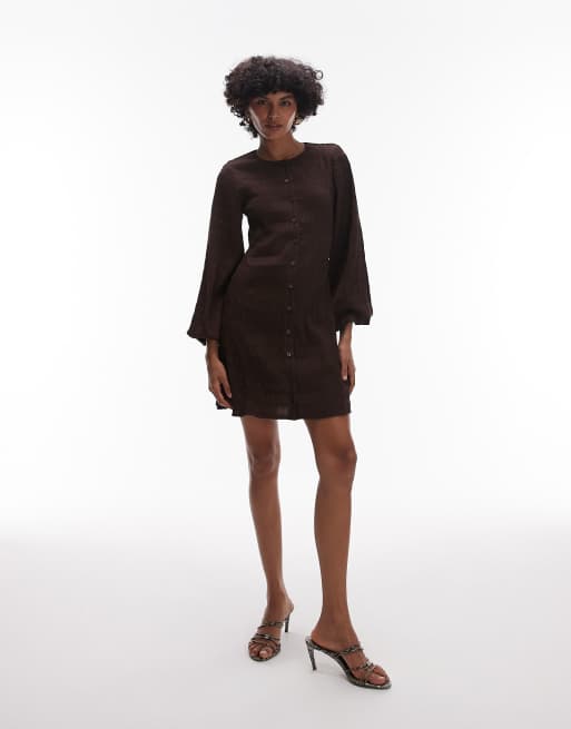 & Other Stories shirred mini dress with volume sleeves in brown, 2 of 4