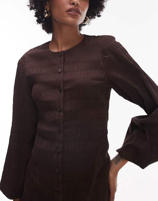 & Other Stories shirred mini dress with volume sleeves in brown, 3 of 4