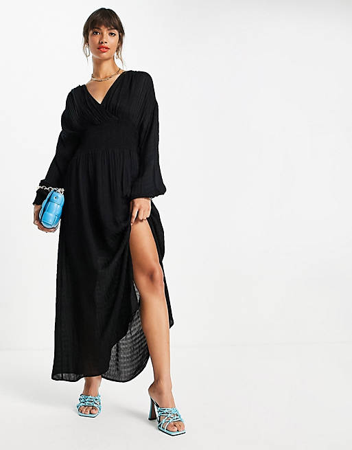 & Other Stories shirred waist midi dress with split front in black