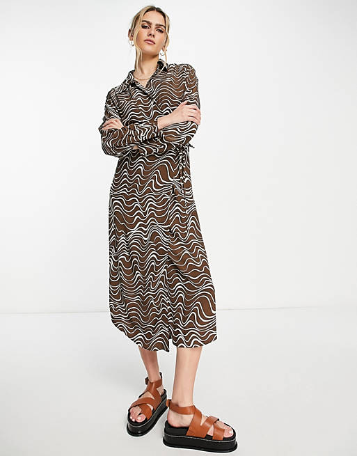 & Other Stories shirt midi dress in brown print