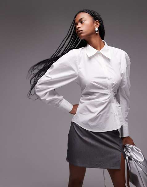& Other Stories shirt with asymmetric button front with volume sleeves in white - view 1
