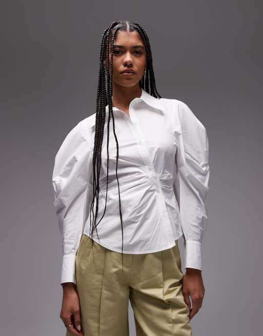 & Other Stories shirt with asymmetric button front with volume sleeves in white, 4 of 4