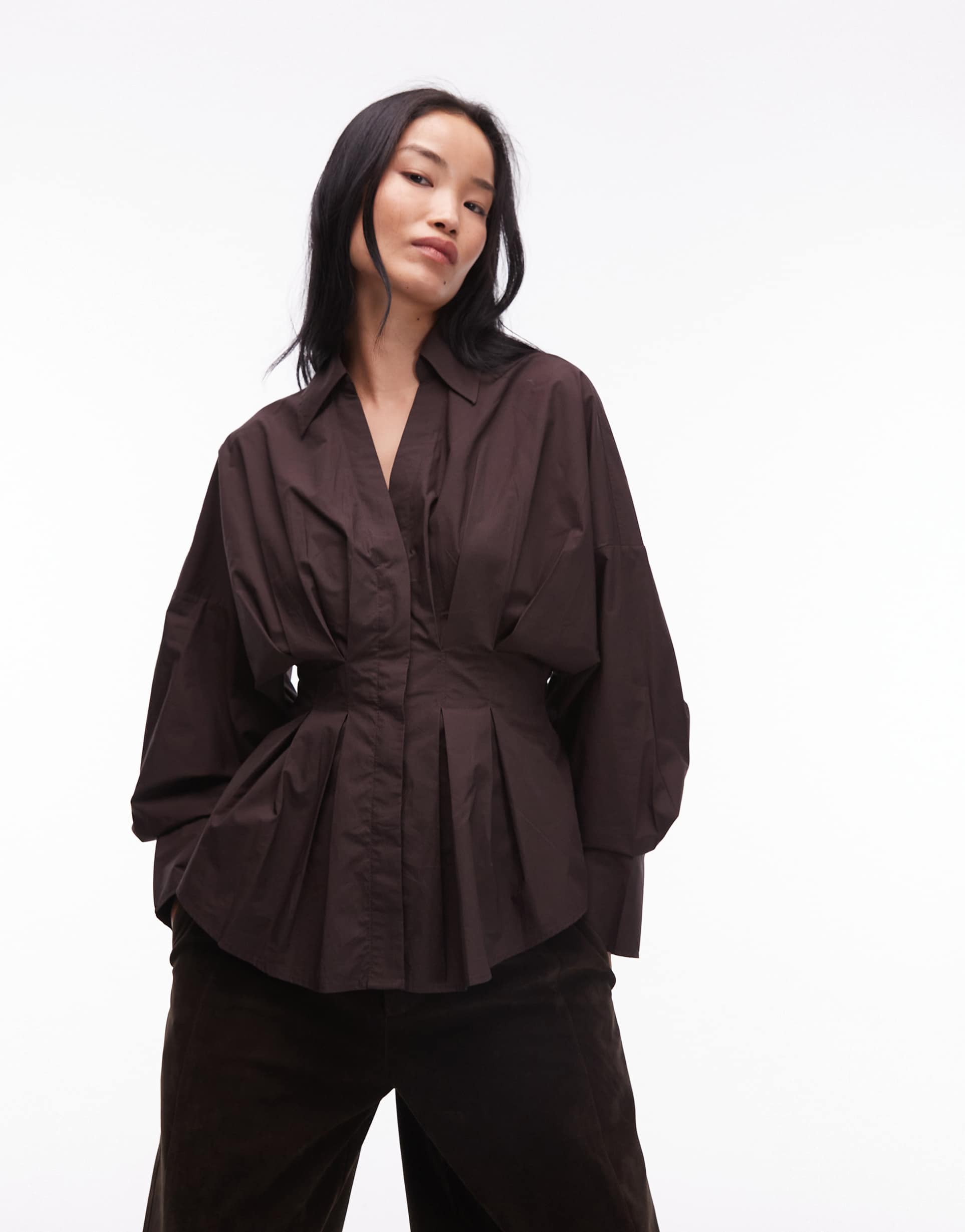 & other stories shirt with cinch waist and volume sleeves in brown